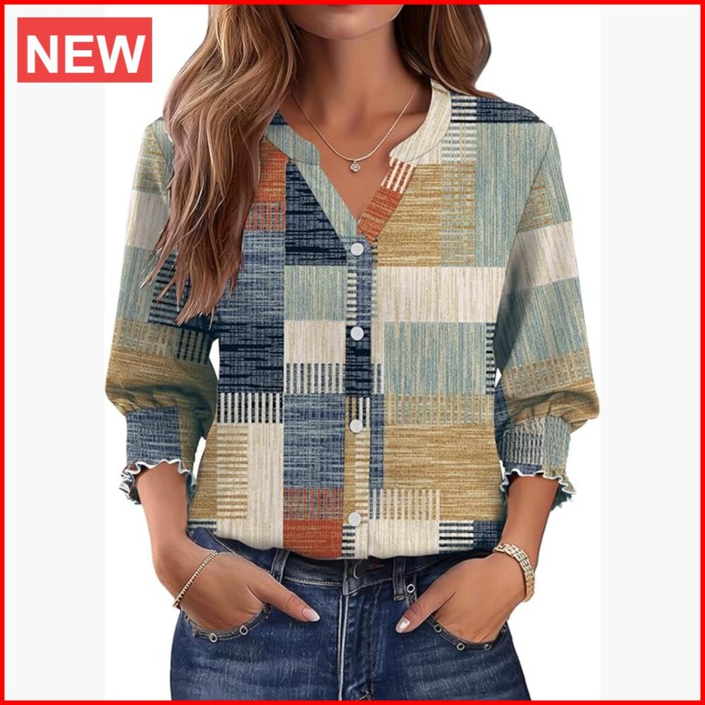 Polyester Blend 3/4 Sleeve Button Down Shirt V-Ne… - image 1
